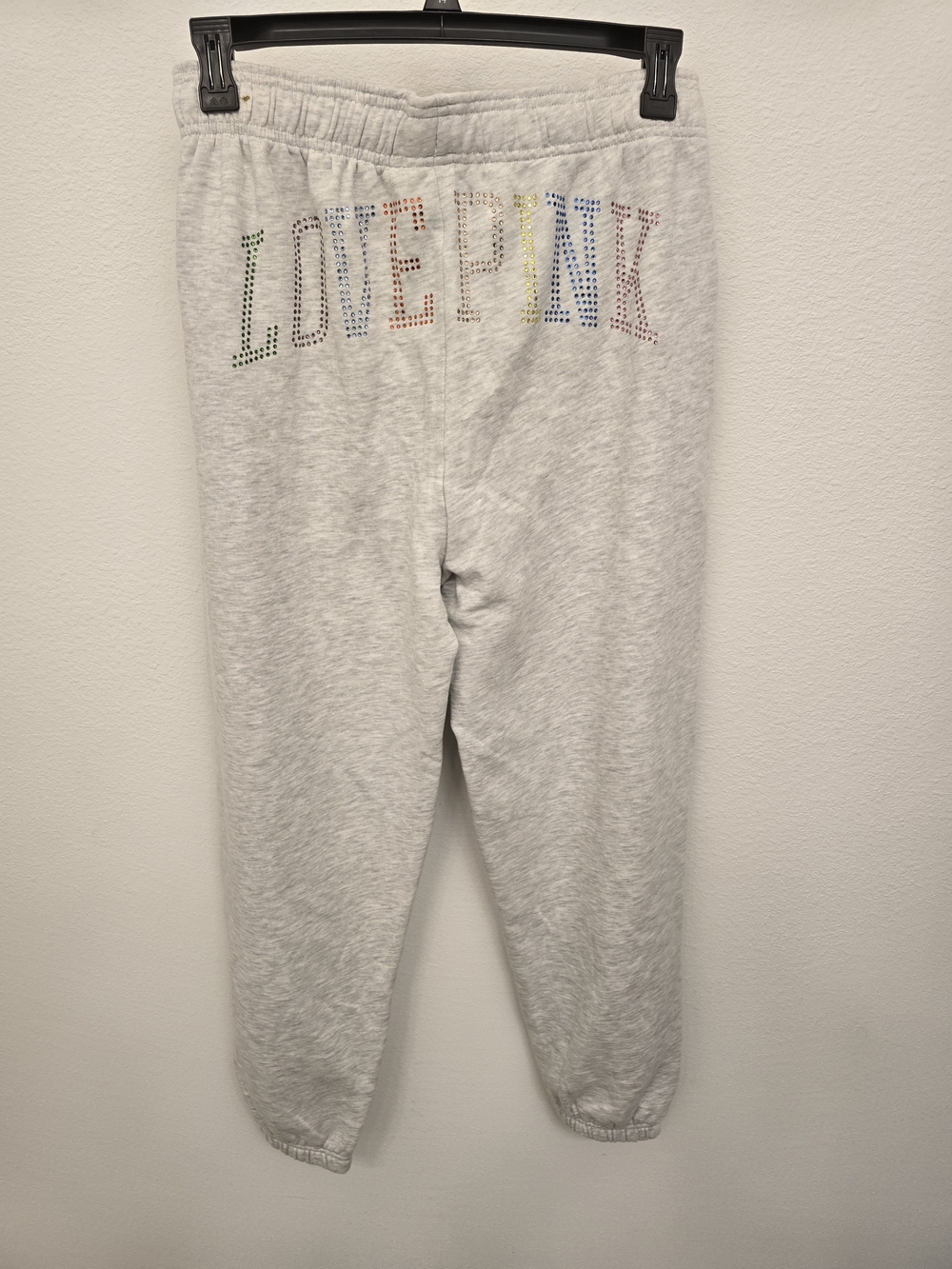 PINK Victoria's Secret Light Gray Joggers with Multicolor Rhinestone 'LOVE PINK'